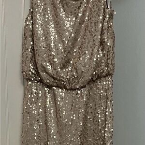 David's Bridal Gold Sequin Ruched Maxi Dress